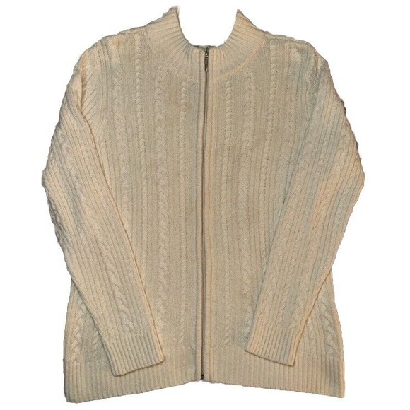 Appleseed's Cable Knit Cardigan Full Zip Mock Neck Sweater Cream‎ Cozy Large - Picture 1 of 3